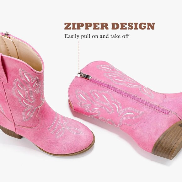 Kids Pink Pointed Toe Side Zipper Classic Embroidered Horse Riding Shoes - Picture 5 of 7